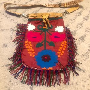 Eccentric Boho Hippie Bucket Bag - Folk Art Fringed Cheetah Design